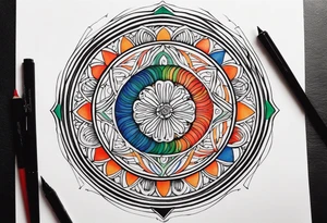 circular swirl of red, blue, orange, and green stripes tattoo idea
