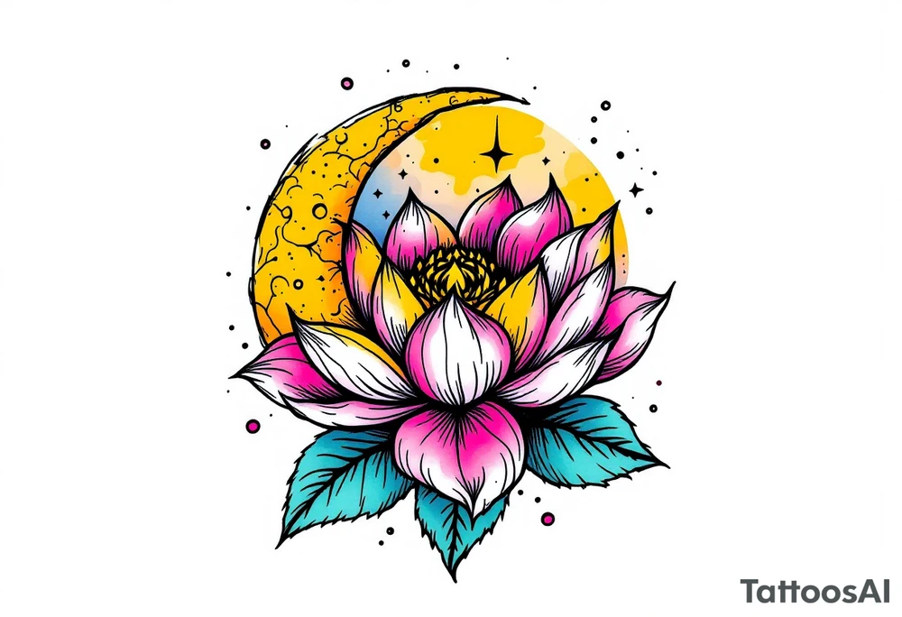 tiny colorful crescent moon with lotus flower tattoo idea