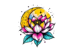 tiny colorful crescent moon with lotus flower tattoo idea