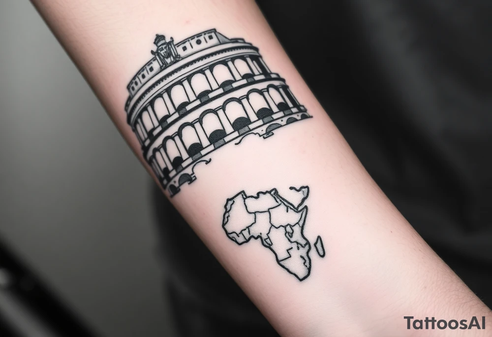 Imaginez un tatouage ou ont peut voir des éléments architecturaux de Rome, comme le Colisée, un gladiateur  Enfin, dans le coin inférieur de l'image une carte de la centre Afrique et la grenade  de la cavalerie tattoo idea