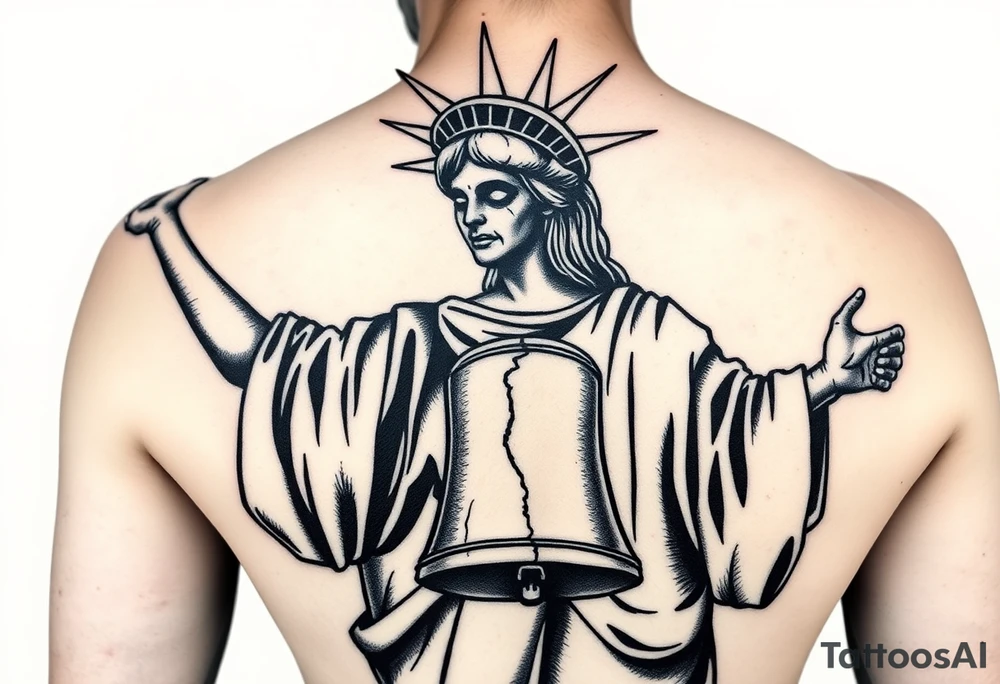 Black and grey tattoo design of Lady Liberty as a zombie, left arm outstretched, holding a cracked Liberty Bell resembling the bell from Metallica’s ‘For Whom the Bell Tolls’. Dark, gritty style with dramatic shadows, decayed and tattered robe details, gothic realism tattoo idea
