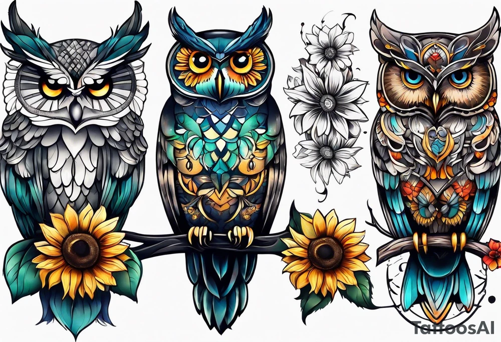 Owl, butterfly and sunflower are sleeve tattoo idea