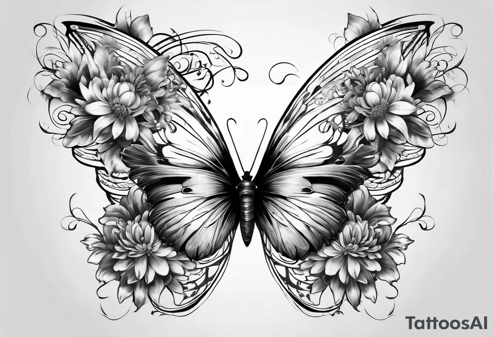 Half butterfly half angel wings with chrysanthemum flower tattoo idea