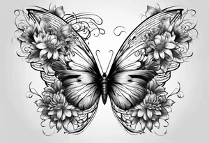Half butterfly half angel wings with chrysanthemum flower tattoo idea