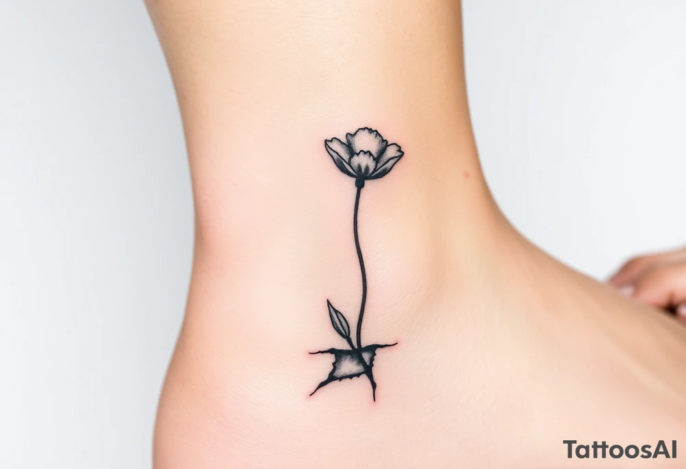 Single simple line drawing style poppy growing up from cracks in pavement watercolor coloring on poppy only back of ankle/heel or back of upper arm, more artistic rendering of cracks, very minimal/simplistic design tattoo idea