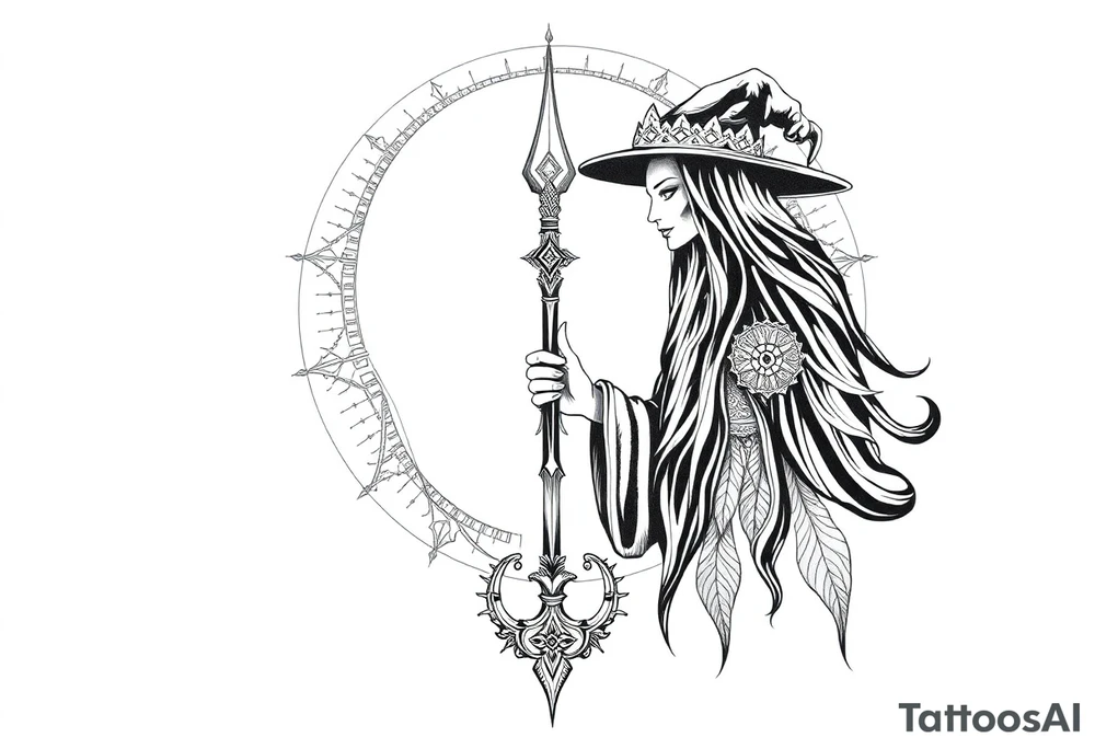long shaman and witch abstracstyle mytical with ancient rhyme tattoo idea