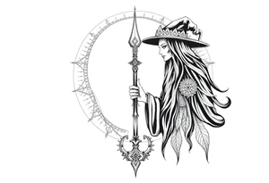 long shaman and witch abstracstyle mytical with ancient rhyme tattoo idea