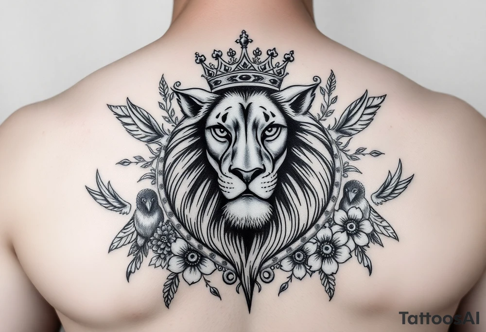 powerful majestic lion with a crown, surrounded by floral ornaments and birds tattoo idea