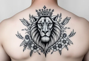 powerful majestic lion with a crown, surrounded by floral ornaments and birds tattoo idea