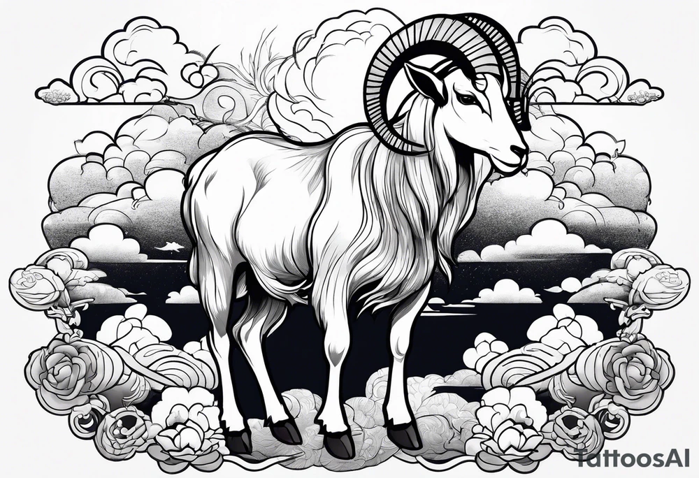 full body goat with clouds in japanese style tattoo idea