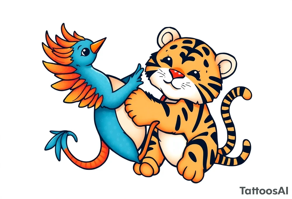 an adorable phoenix and tiger playing together. a blue and orange color scheme tattoo idea