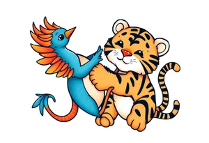 an adorable phoenix and tiger playing together. a blue and orange color scheme tattoo idea