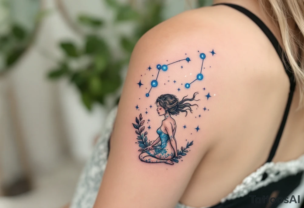 The Virgo constellation sparkles in icy blue across the back of a seated maiden in muted earth tones. tattoo idea