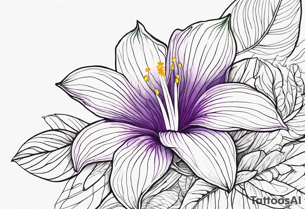 An outline of a rio dipladenia flower with a green and purple watercolor background tattoo idea