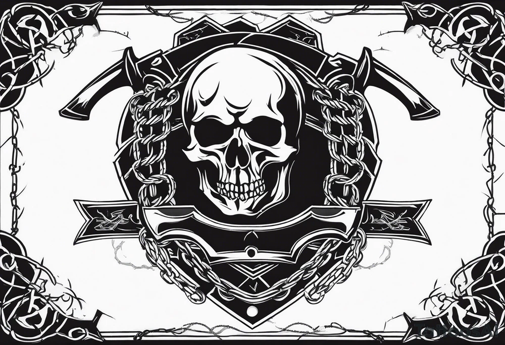 Valhalla sword shield axe barbed wire chains dark cloud tattoo idea