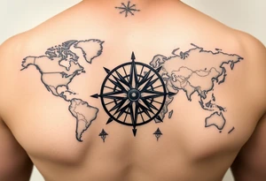 antique compass rose overlaid on weathered world map with sailing ships tattoo idea