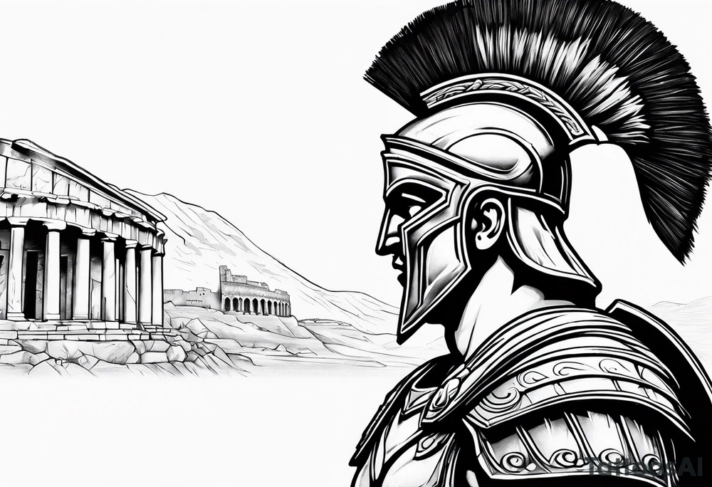 Side profile Spartan Solider ancient roman city in the background tattoo idea