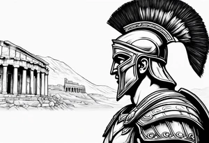 Side profile Spartan Solider ancient roman city in the background tattoo idea