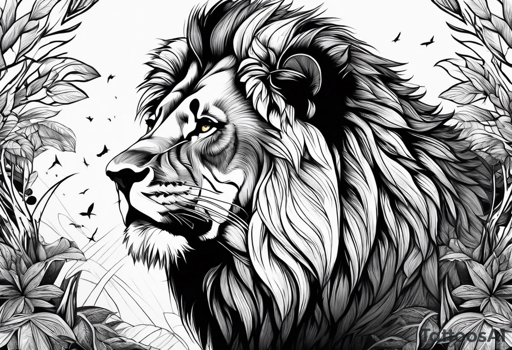 Powerful lion up close with nature in background tattoo idea Powerful lion up close with nature in background tattoo idea