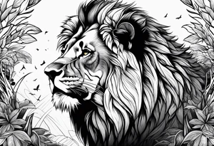 Powerful lion up close with nature in background tattoo idea
