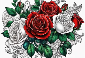 Red roses with pearls and scallop shells tattoo idea