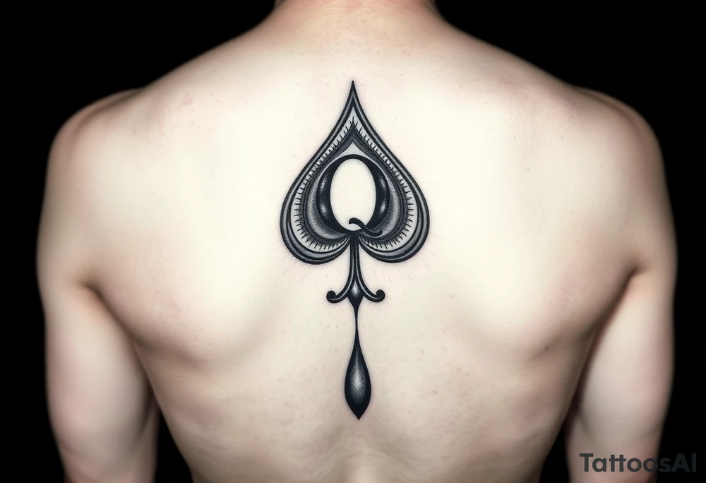 A spade womb tattoo with a Q in the center, with three points around the outside. The first reading, "BLACK". The second reading, "SEED". The third reading, "ONLY". A tail at the bottom of the spade. tattoo idea