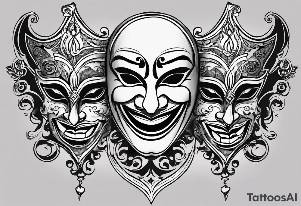 Create a tattoo of a theatrical mask split into two halves, with one side depicting a smiling, benevolent face, and the other showing a sinister, malevolent expression, symbolizing the dual nature of human emotions. tattoo idea