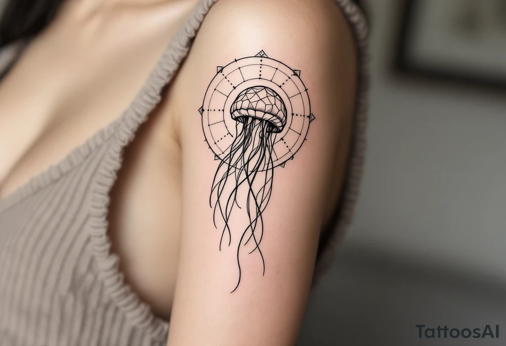 minimal fine-line tattoo, single jellyfish, sacred geometry surround, dotwork patterns, jellyfish bell dome, flowing tentacles, trailing streamers, geometric mandala, radiating dotwork, minimalist design, black grey lines, soft shading, no outlines, geometric frame, organic jellyfish form, upper arm shoulder placement, light airy feel, delicate linework, geometric backdrop, clean lines, radiating patterns, simple jellyfish centerpiece, minimalist, psychedelic tattoo idea