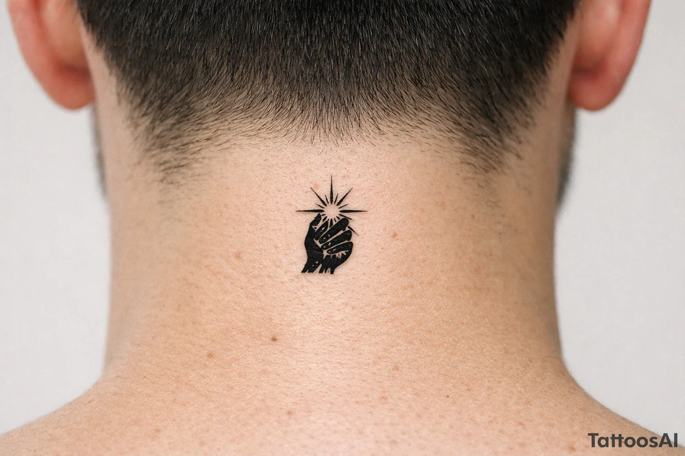 A minimalist silhouette of a hand grasping a bright starburst. tattoo idea