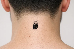 A minimalist silhouette of a hand grasping a bright starburst. tattoo idea