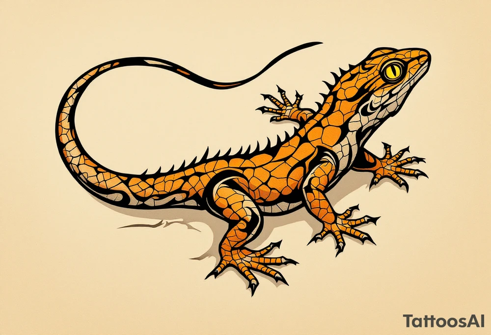 Tribal desert lizard with cracked earth texture – A sleek, agile lizard in motion, designed with tribal curves and sharp angles along its spine. Its skin mimics the pattern of sunbaked, cracked earth, blending tones of burnt orange, dusty brown, and charcoal black. The tail coils elegantly, forming a spiral, while the eyes gleam in golden yellow, symbolizing survival, transformation, and primal instincts. tattoo idea