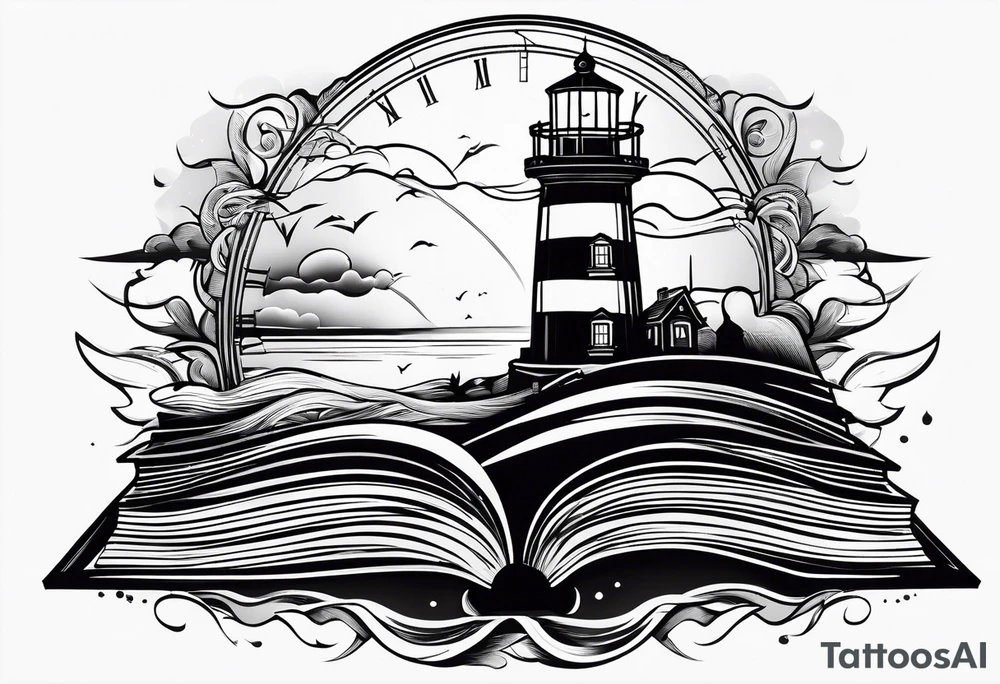 minimalist "open book" with a lighthouse in the middle and a clock and surrounded by storm and a banner on top tattoo idea