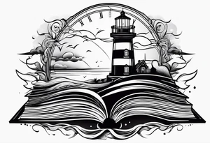 minimalist "open book" with a lighthouse in the middle and a clock and surrounded by storm and a banner on top tattoo idea