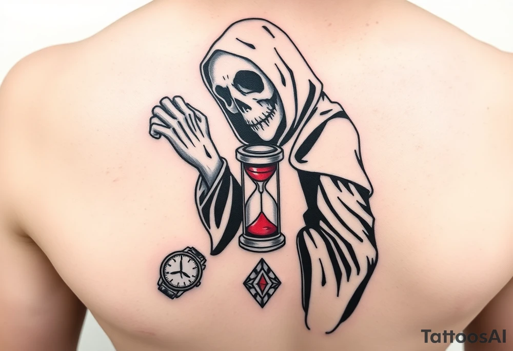 Simple grim reaper looking at a watch on his wrist with a hourglass with red sand and diamond geometric shapes for the thigh tattoo idea