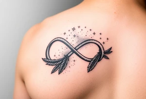 infinity symbol woven with floating feathers and stardust tattoo idea