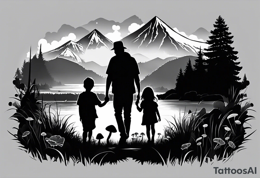 Family silhouette of a father, a mother with long straight blonde hair, oldest son, middle daughter, and small daughter foraging mushrooms with mountains and creek in background tattoo idea
