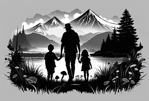 Family silhouette of a father, a mother with long straight blonde hair, oldest son, middle daughter, and small daughter foraging mushrooms with mountains and creek in background tattoo idea
