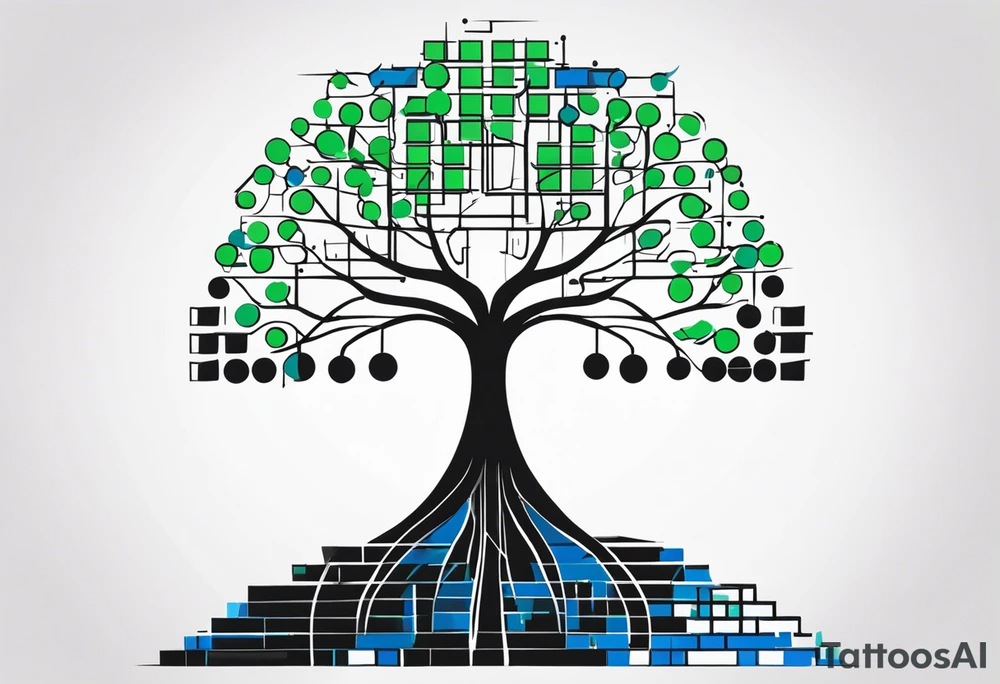 Bi-tree algorithm with binary code in black, blue and green colors tattoo idea