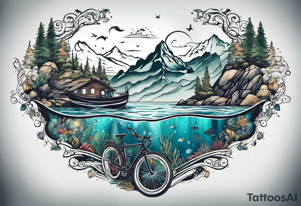 This is a tattoo that is split into 2 sections; a top half and a bottom half. The top half is a mountain in Norway with a mountain bike trail winding down the mountain. The bottom half of the tattoo depicts an underwater scene featuring water, and sea life. tattoo idea