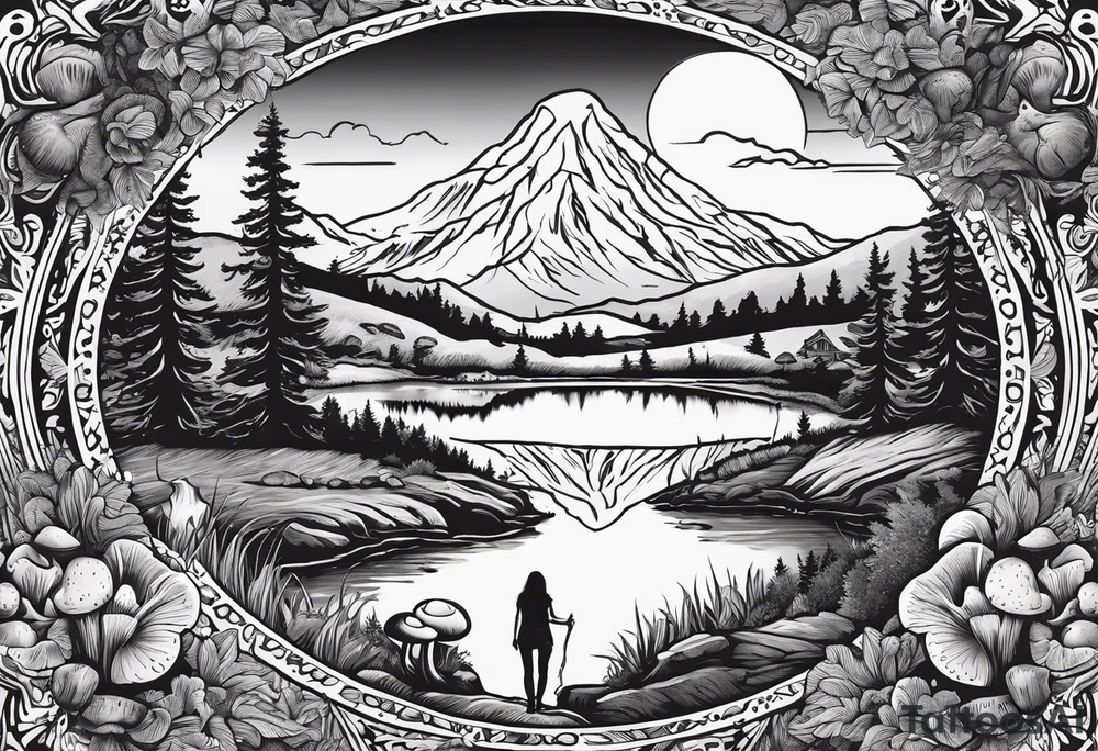 Whole picture encircled fully

Straight long blonde hair hippie girl in distance holding mushrooms in hand facing away toward mountains and creek surrounded by mushrooms tee shirt and hiking pants; whole rendering within a full circle, no cut off circle tattoo idea
