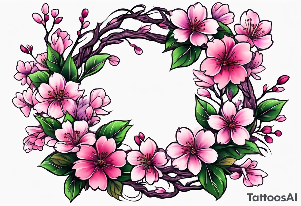 Flower wreath cherry blossoms pinks and purples tattoo idea