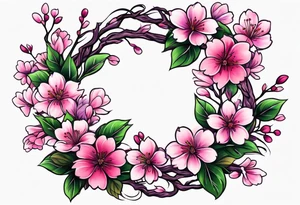 Flower wreath cherry blossoms pinks and purples tattoo idea