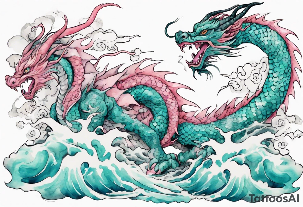 a gentle turquoise and pink luck dragon emerging from the stormy sea tattoo idea