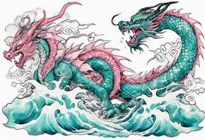 a gentle turquoise and pink luck dragon emerging from the stormy sea tattoo idea