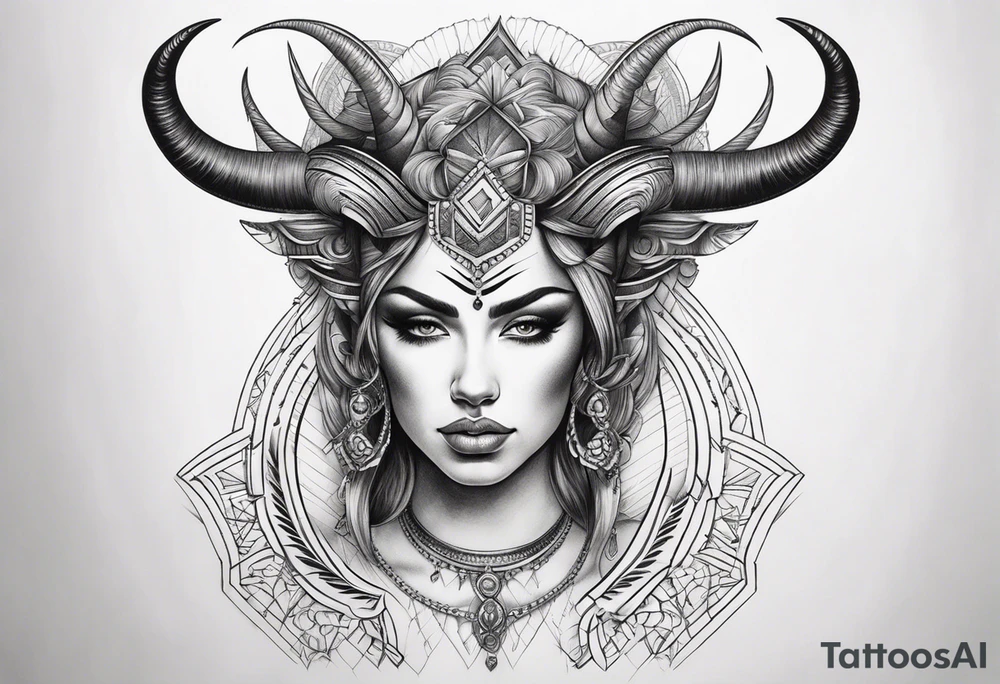 symmetrical woman head with curved horns facing downwards dark realism looking front facing view tattoo idea