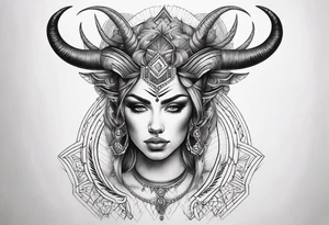 symmetrical woman head with curved horns facing downwards dark realism looking front facing view tattoo idea