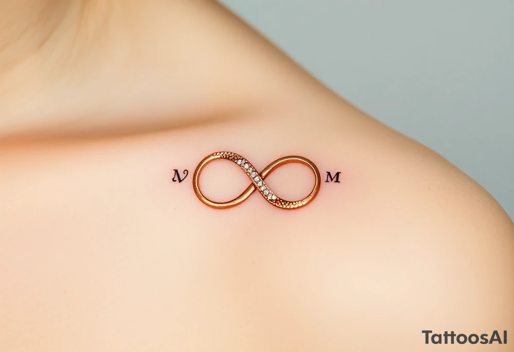 A delicate infinity symbol in shimmering champagne gold, intertwined with wedding rings engraved with the couple’s initials tattoo idea