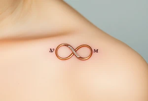 A delicate infinity symbol in shimmering champagne gold, intertwined with wedding rings engraved with the couple’s initials tattoo idea