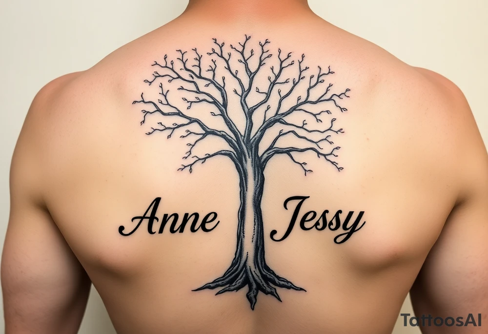 the name, Anne, Jessy
 on a live tree the name Larissa under the tree tattoo idea