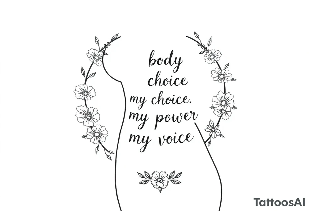 My body my choice my power my voice inside the outline of a Curvy tattooed woman's body with a floral frame around it tattoo idea